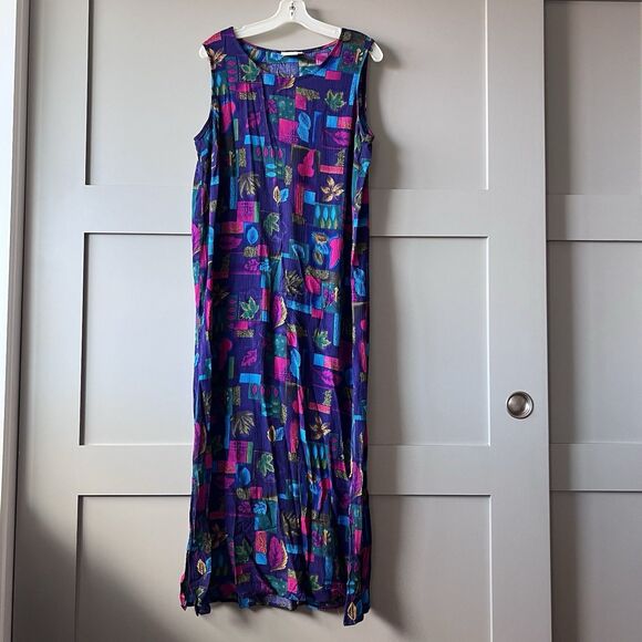 VTG Drapers & Damons Maxi Dress Women Sz 14 Leaves Purple Sleeveless Lightweight - Picture 1 of 14